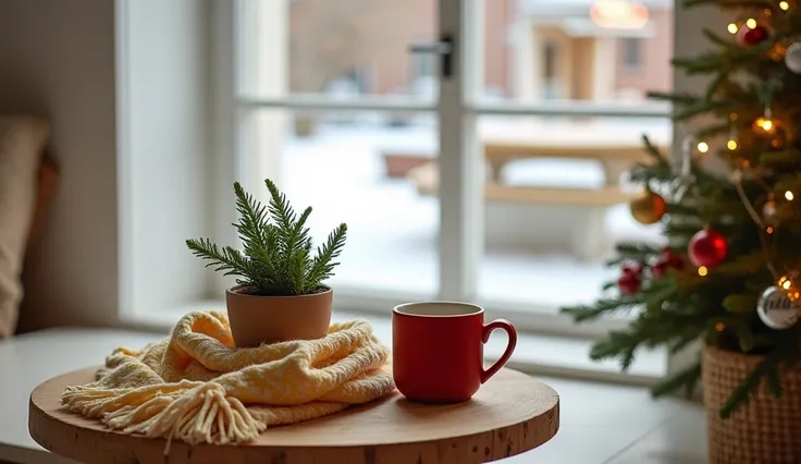 overlooking angle.Small and fleshy potted plants on a round wooden table in the house . Matte red coffee cup with a decorative pattern(Smoking ).( Rice yellow white scarf casually surrounded by a coffee cup )）Fresh and simple and clean modern feeling .Floa...