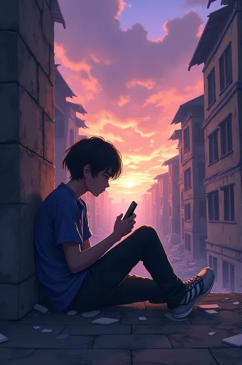 A young man with shoulder-length black hair is lying on the back of a building playing a mobile phone game.,The surrounding view is of a ruined world.,Purple-gold sky ,genshin image, korea