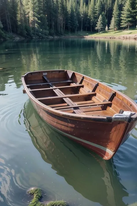 create an image of a beautiful lake with crystal clear water and a rowing boat