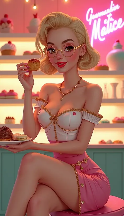 "A playful and vibrant illustration blending manga and Disney styles, capturing the essence of a glamorous yet mischievous young woman with a love for sugary indulgences. She is posed in a classic pin-up style, seated casually on a high stool, playing with...