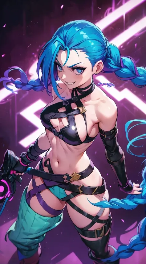 nx, arcane, Jinx character from League of Legends, long neon blue hair in braids, Perfect small breasts, scantily clad, underwear, Sex Woman, perfect hands, double hair braids, Braided hair, Minipistola, Juxtaposition of light& shadow, moody, intense, fero...