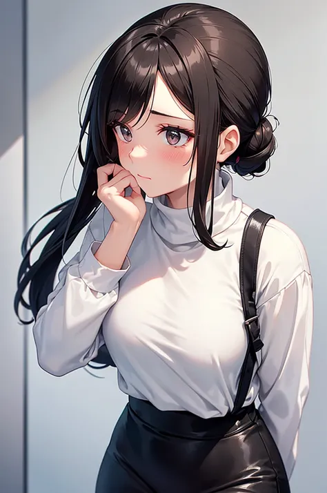 "A 20s woman with dark hair tied into a sleek ponytail, her blushing face turned slightly downward, her hand lightly covering her mouth in surprise, dressed casually in a turtleneck against a white backdrop."

