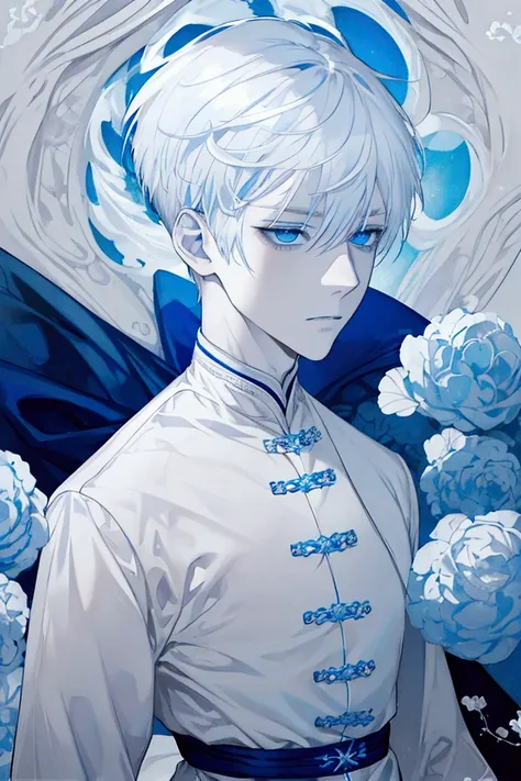 albino boy with short white hair ,  intense sky blue eyes and elegant white clothes, black and blue,  male , in the coming, inviting, high, Serious, Annoying