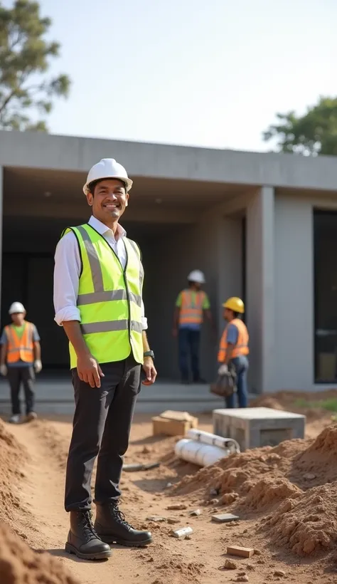 38-year-old Indonesian man standing confidently on the right side of the frame with a slight smile. He is dressed in a white slim-fit shirt, dark chinos, an elegant reflective safety vest, and premium construction boots that are clearly visible in the fram...