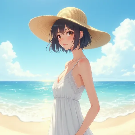 "Beautiful young Japanese anime mom with a beach hat, short hairstyle, and elegant white beachwear."