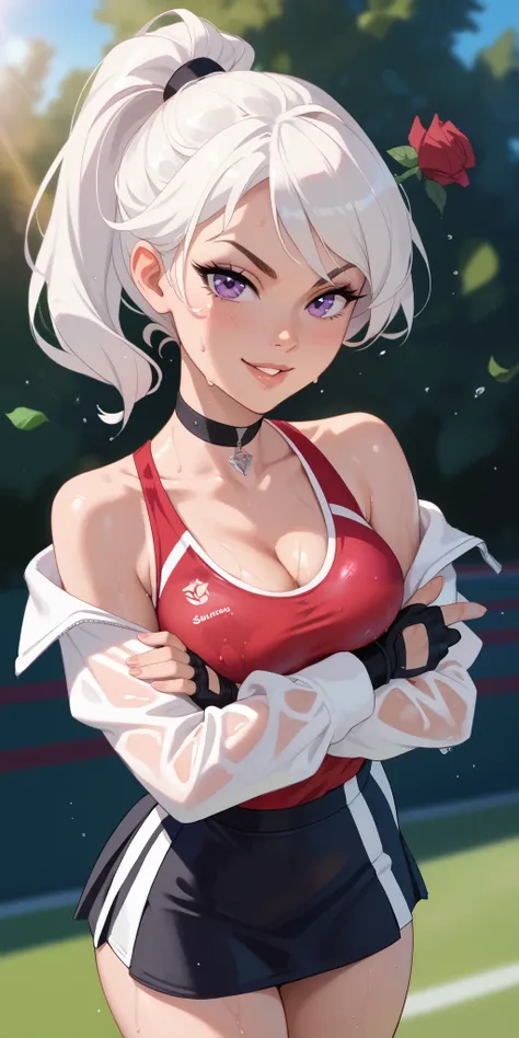 realistic, 1girl, ponytail, parted lips, blush, makeup, light smile, white hair, sportswear, skirt, wet clothes, glow, thighs, purple eye, bare shoulders, collarbone, narrow waist, sunbeam, sunlight, rose, wind, cleavage, (masterpiece), sweat, (best qualit...