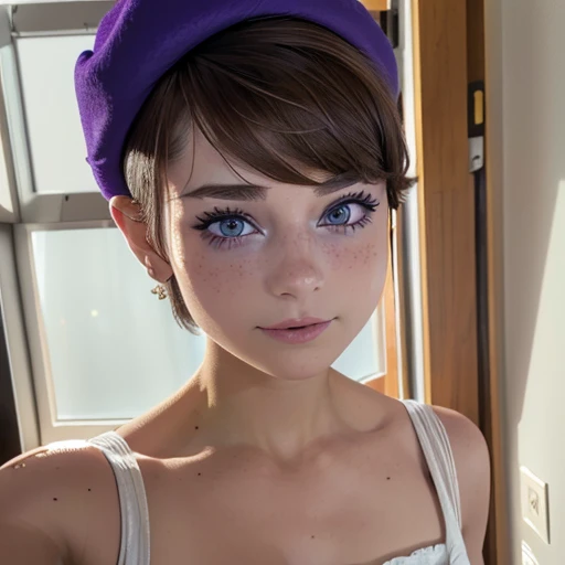  Photo of a 17-year-old European girl , .RAW, Beautiful woman,freckles on cheeks ,beautiful blue eyes(Light brown hair pixie haircut),pixie haircut (( portrait)), (( detailed face:1.2)), ((Detailed facial features)), ( finely detailed skin ),purple beret  ...