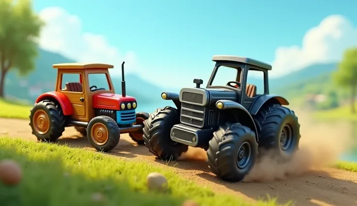 The wooden mini tractor, label "Pichi Tractor",   with its polished wooden texture and vibrant red and blue colors, struggles slightly but steadily climbs a steep hill, its wooden wheels gripping the dirt road. black-grey monster mini tractor  with its sha...