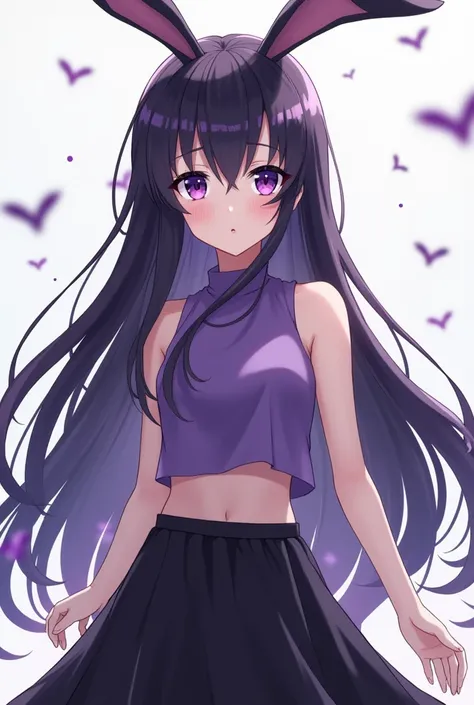 anime woman with long dark purple hair, bunny ears, 
purple eyes, sleeveless small purple plain crop
 top and black long skirt