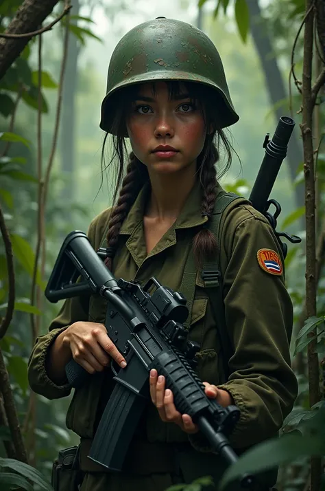 Girl in woodland camo carrying an m16 in Vietnam 