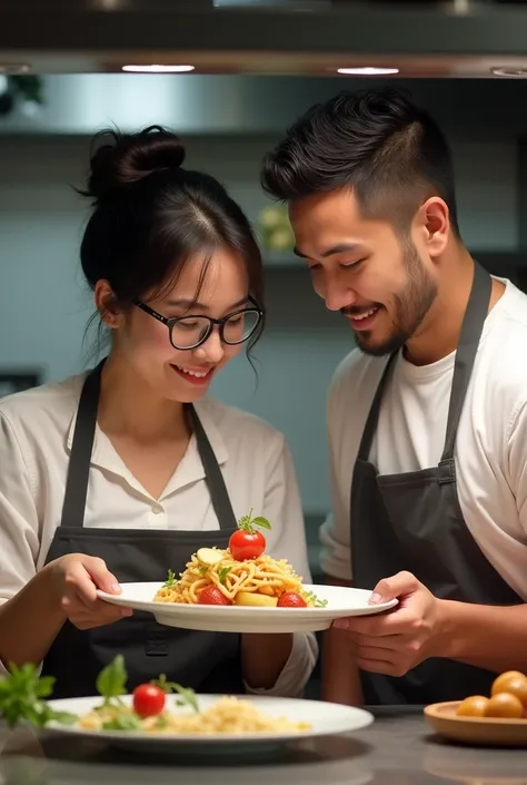 Working together as a kitchen, a white woman with glasses and a man next to her, together holding a dish that looks spectacular chef, both black hair, the woman, the handsome man, the same as the woman and the man, lest of quality/black, cheerful 