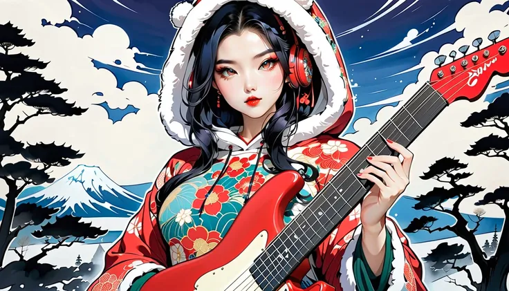 (((Ink Painting))), (((seiza))), (((from below))), (((front view))), (((Flashy makeup))), (((Japanese style headphones))), (((christmas pattern hoodie))), (((Put on the hood))), (((Electric guitar))),big boob, Japanese beautiful girl, Black Hair, Delicate ...