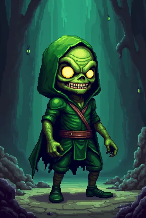 Create a green goblin , in pixel art,  using a small scale 