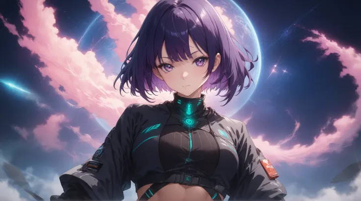 Front straight eye level view shot of a mysterious anime girl with short bob cut, dark violet hair cascading down her back, dressed in a sleek black buttoned shirt with subtle red piping and a high- tech collar that glows faintly. Directional light highlig...