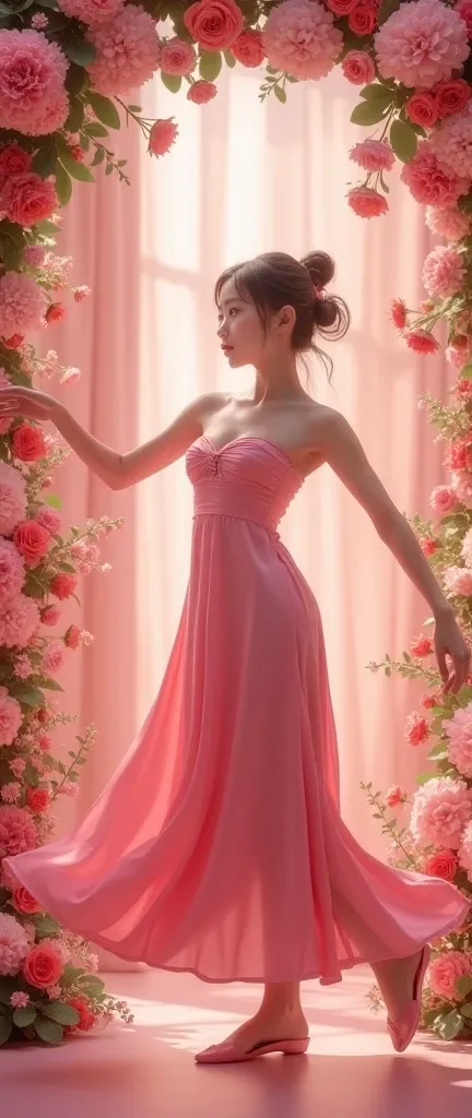 The walls are covered with flowers，(Optimal lighting:1.2， cute Chinese girl :1.2，[ white dress :1.3]，whole body， beautiful dance moves， wearing a long pink silk bandeau dress ， colorful flower wall ， poster level ， The flowers on the wall are not crowded ，...