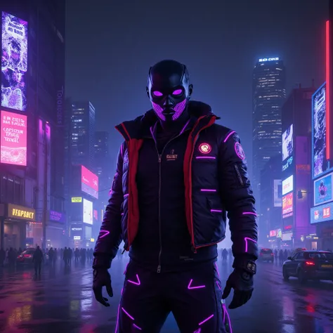 "An intense cyberpunk scene depicting a futuristic Citizen of Killnet—a mysterious figure with a sleek, high-tech outfit integrated with glowing neon circuitry. The individual has a cybernetic mask obscuring half their face, featuring a holographic Killnet...