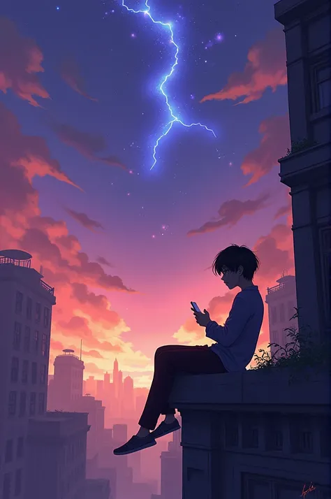 A young man with shoulder-length black hair is lying on the back of a building playing a mobile phone game.,The surrounding view is of a ruined world.,Purple-gold sky ,genshin image, korea,magic,monster,gate,star,webtoon