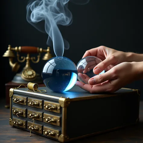 prompt: " A pair of hands holding two glass spheres , one blue and the other transparent ,  on a metal case with several small drawers .  From one of the drawers a golden thread emerges .  in the background ,  there is an old disc telephone .  The smoke th...