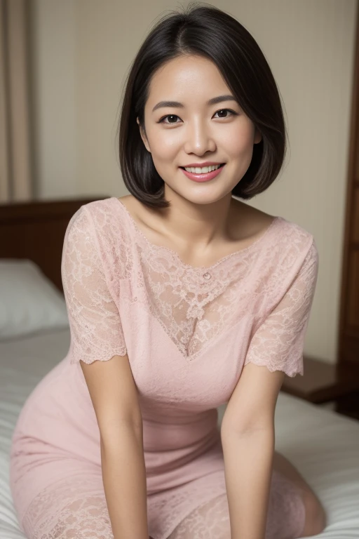 Masterpiece,Best quality, (maam. clerk:1), ((Portrait:1.3)), Cross arms, Triangle underwear ， Smile，Skirt that wraps hips，Long legs，skin hyper-detail，Clear pores，in a panoramic view，pink dress, Cocked buttocks，black lace stockings，Beautiful young Japanese ...