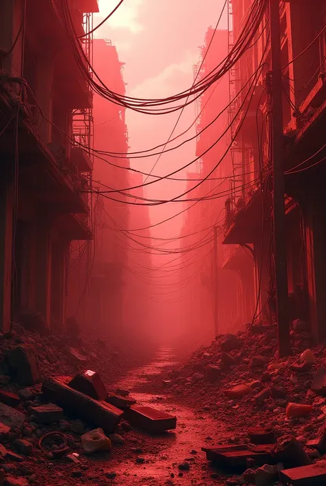 Realistic image destroyed city cables and garbage red film filter 