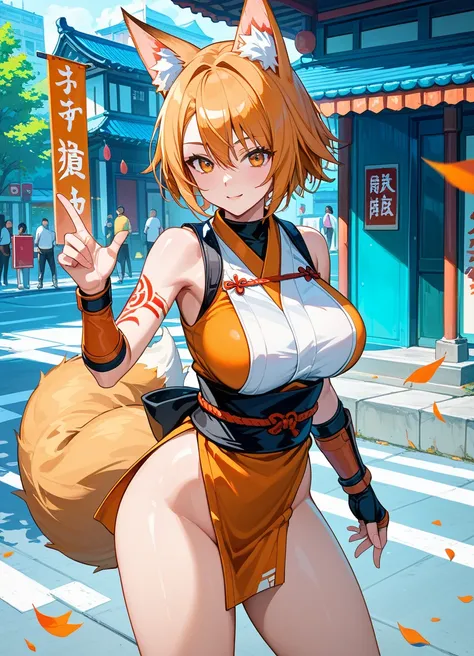 score_9, score_8_up, score_7_up ,source_anime, masterpiece, best quality, perfect anatomy ,girl, Orange short hair, fox ears, fox tail, large breasts, open black bitch ninja outfit, tattoo on arm, no panties, street on background