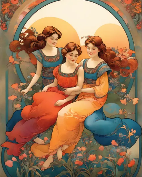 Alphonse Mucha Style - An exquisite art nouveau poster in a mucha style, vibrant and surreal. Two young, light-skinned girls, twins, dressed in matching traditional folk-art style clothing, with long-sleeved dresses adorned with white, blue, and dark-color...