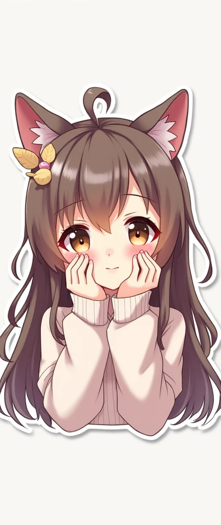 A long-haired girl，She wears a cat ear hair accessory ，Big and bright eyes， red cheeks ， It looks cute and a bit shy 。 Her hands on her cheeks ， seems to be making a lovely expression 。 This emoji pack conveys a cute yet slightly playful vibe ， is usually ...