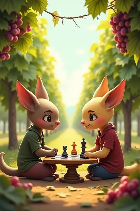 Two ren playing chess smiling under a vineyard where you can also see a bunch of grapes