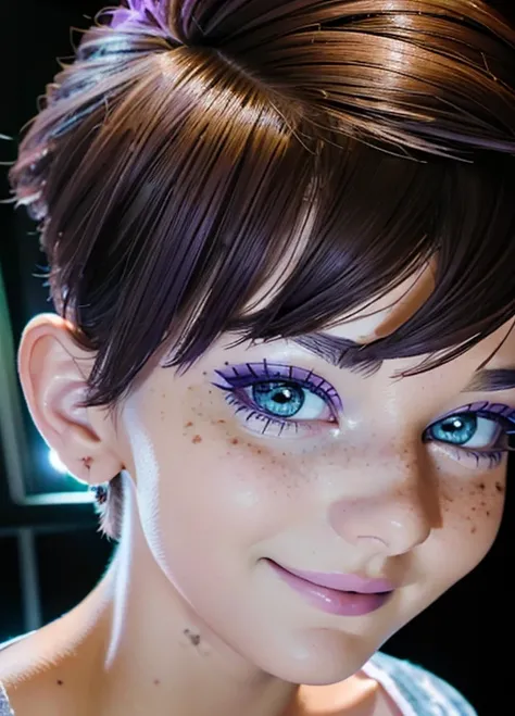  Photo of a 17-year-old European girl , .RAW, Beautiful woman,freckles on cheeks ,beautiful blue eyes(Light brown hair pixie haircut),pixie haircut (( portrait)), (( detailed face:1.2)), ((Detailed facial features)), ( finely detailed skin ),purple beret  ...