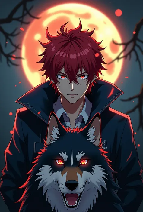 Man anime  

Red hair 
 eyes 
Blak  background and a moon 
One wolf

