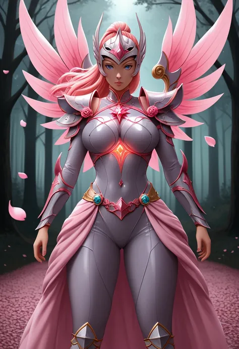 A tall, elegant warrior woman from the Sakurianas species, wearing a unique armor that reflects their abilities and beauty. The armor is lightweight, made of petal-like material that is 100 times stronger than diamond but appears delicate and organic. The ...