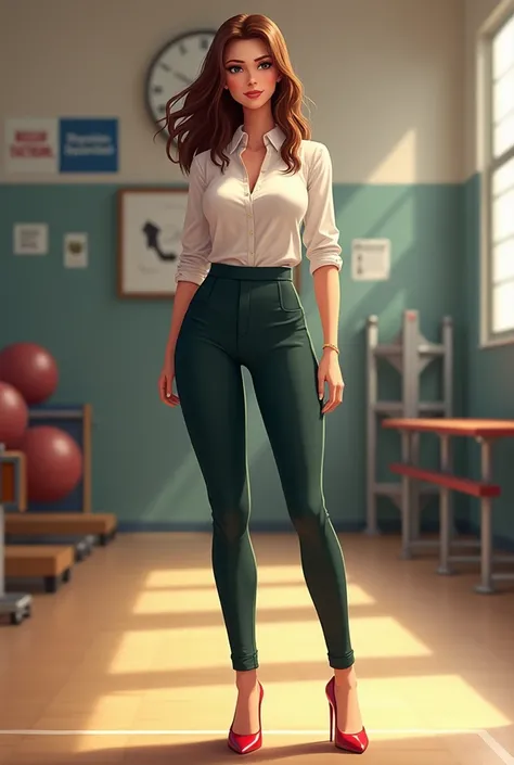 a physical education teacher wearing wedges and a sexy blouse with brown hair