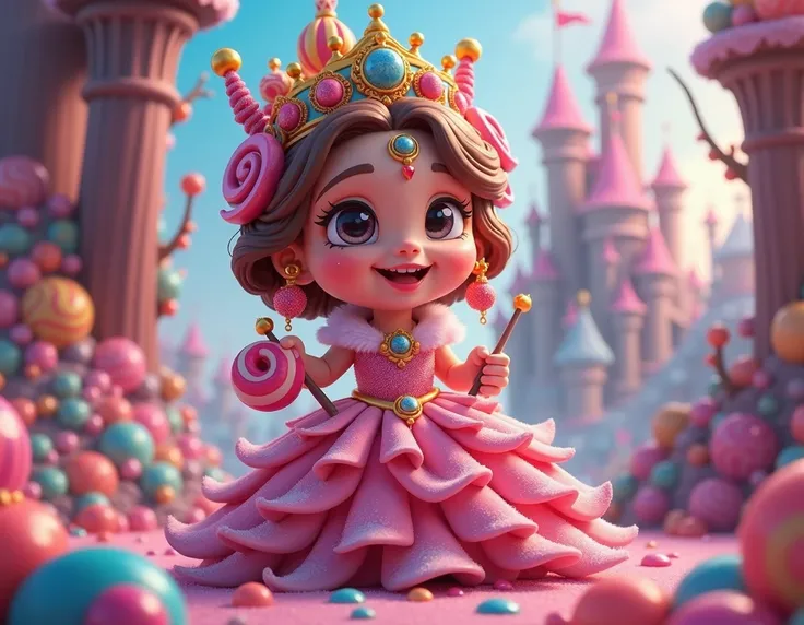 create 3d candy cartoon queen, 2d game art, digital painting style