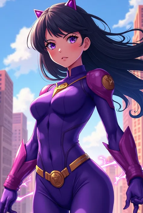 Beautiful girl in the cartoon style of Boku no Hero wearing a purple hero costume 