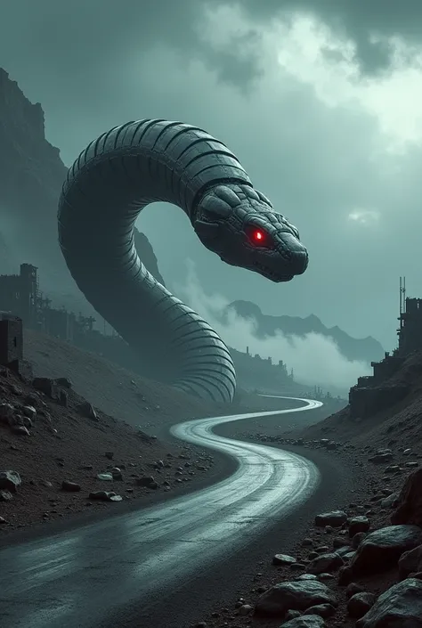 Create a futuristic scene featuring a massive robotic snake slithering along a winding road. The robotic snake is sleek and metallic, with glowing red eyes and segmented, high-tech armor. Surrounding the road is a desolate landscape with rocky terrain and ...