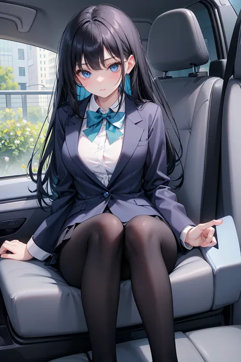    High school students   ， already, Black Hair ， With warm blue eyes   ，  wears a brand new blue suit and black heels ，  Pure white collar and bright green bow  。 has long Black Hair and warm blue eyes ， Lean back in the car seat ，  Pose Alluring , spread...