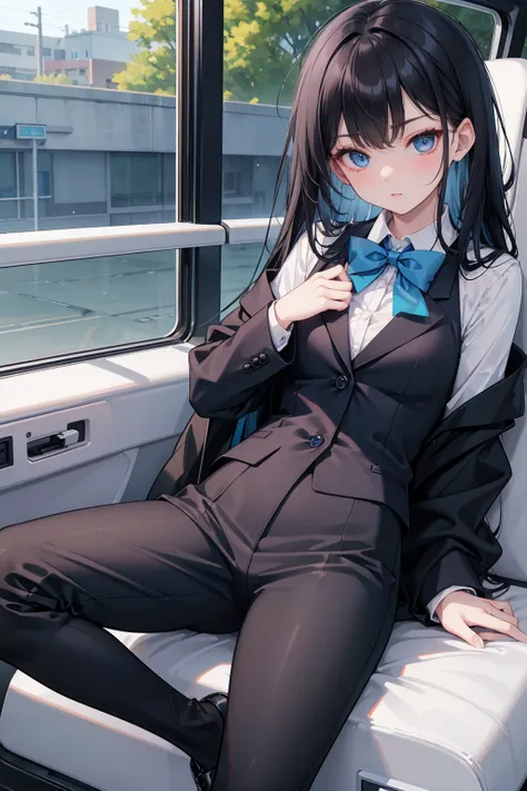    High school students   ， already, Black Hair ， With warm blue eyes   ，  wears a brand new blue suit and black heels ，  Pure white collar and bright green bow  。 has long Black Hair and warm blue eyes ， Lean back in the car seat ，  Pose Alluring , spread...