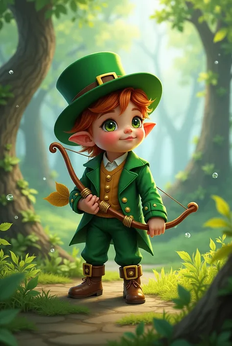 I need an image where there is a young leprechaun dressed in green with a bow and arrow.