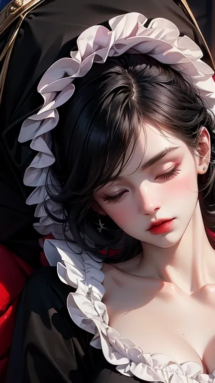  pale skin,dead, long black hair tousled,Wide forehead, doll-like face , eyes closed ,high nose,Pale pink lips, white and black gothic dress , red high heels ,Inside a black coffin 