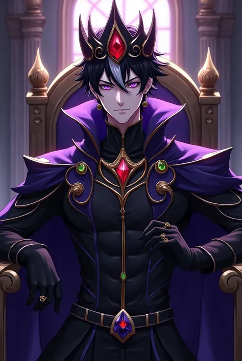 Male, tall, muscled, 27 years old. Pale skin. Short black hair with a white streak. Very bright purple eyes. Black crown with red gems. Dark King costume black with purple. Golden Earrings, Golden Rings and Precious Gemstones. Black Gloves, and elegance. A...