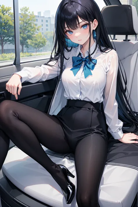    High school students   ， already, Black Hair ， With warm blue eyes   ，  wears a brand new blue suit and black heels ，  Pure white collar and bright green bow  。 has long Black Hair and warm blue eyes ， Lean back in the car seat ，  Pose Alluring , spread...