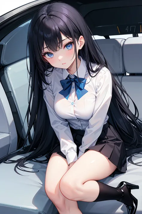    High school students   ， already, Black Hair ， With warm blue eyes   ，  wears a brand new blue suit and black heels ，  Pure white collar and bright green bow  。 has long Black Hair and warm blue eyes ， Lean back in the car seat ，  Pose Alluring , spread...