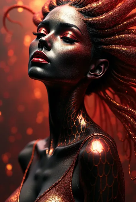 (body formed by galactic liquid mauevine and black metallic paint twisting into a beautiful interpretation of the female figure), au naturel,((complex galactic metallic colours in the foreground)), (( fluid mechanics, the loveliest smooth scale face makeup...