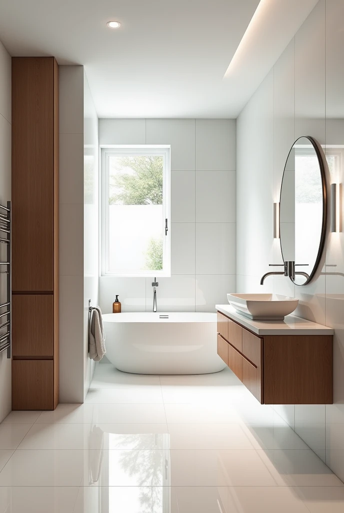 Professional 3d architecture rendering design of modern and minimal and high tech design for elegant  and luxurious bathroom with white so narrow shiny Italian ceramic  for wall and white glassy bathtub and white glassy vanity and natural design  wooden cl...