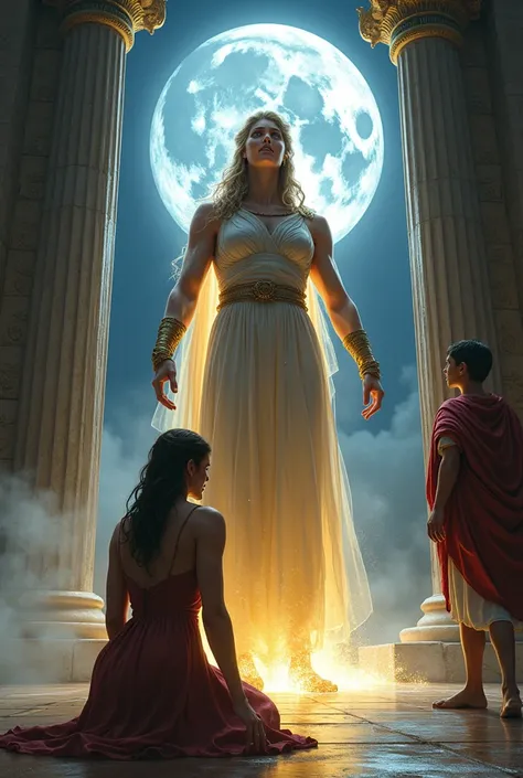 " Athena appears in the temple ,  her radiant figure of divine anger . The young woman ,  who is kneeling with tears on her face . The goddess, with glowing eyes ,  radiates judgment and power ,  while the moonlight intensifies the drama of the moment. whi...