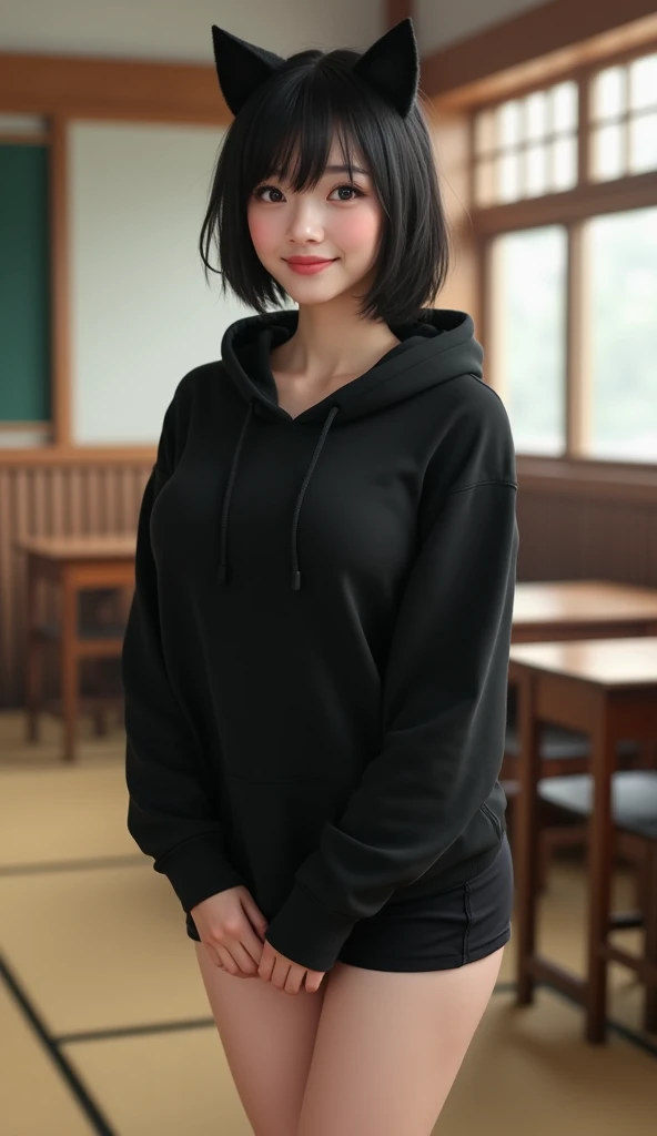  Realistic photo of a Japanese girl in her 18s ,  with a short black air .  She is wearing a black long-sleeve sweatshirt with a hood featuring two cat ears and black shorts.She has huge and voluminous breasts , a voluptuous and sensual body.
The girl is s...