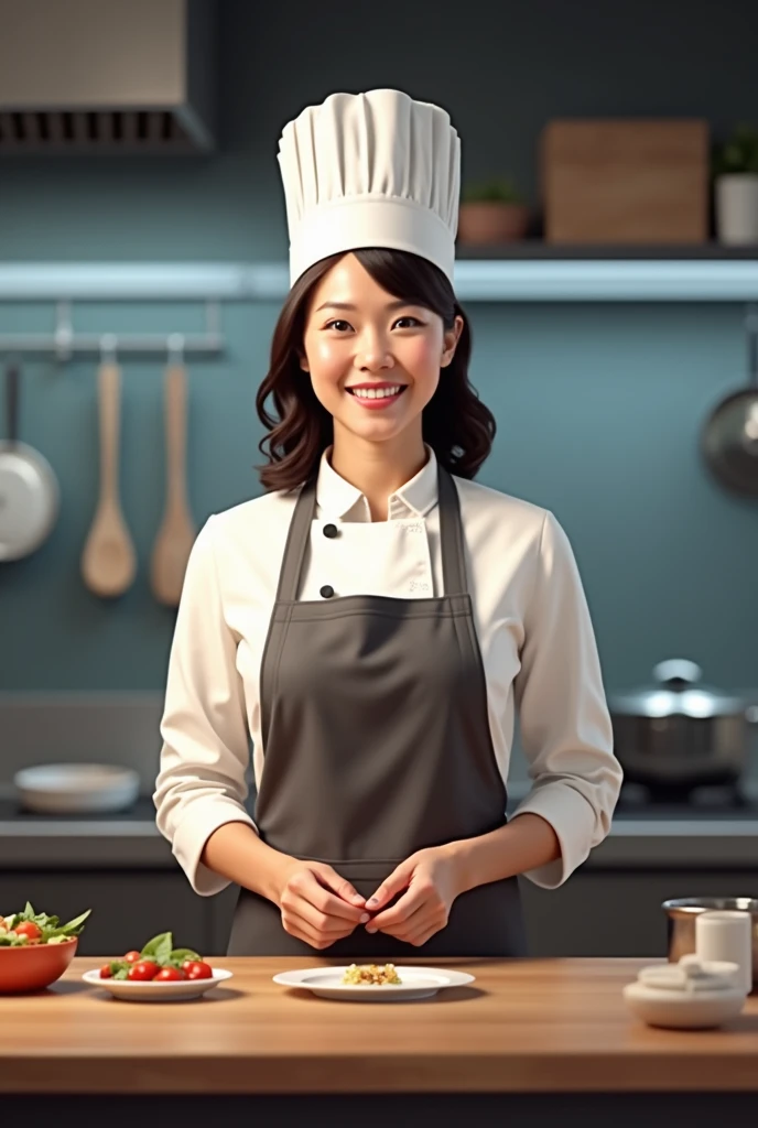 asian lady anchor chef with small cook hat, telling news on tv, kitchen background, watching camera, face camera, realistic
