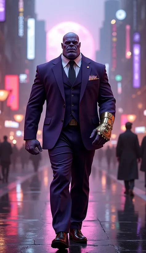 A hyper-realistic, cinematic photograph of Thanos wearing a perfectly tailored, deep-purple business suit that complements his iconic skin tone. The suit features sharp lapels, a dark-gold tie, and a subtle pin on the lapel resembling the Infinity Gauntlet...