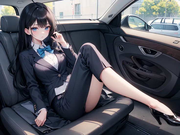    High school students   ， already, Black Hair ， With warm blue eyes   ，  wears a brand new blue suit and black heels ，  Pure white collar and bright green bow  。 has long Black Hair and warm blue eyes ， Lean back in the car seat ，  Pose Alluring , spread...