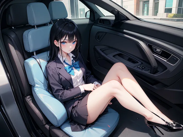    High school students   ， already, Black Hair ， With warm blue eyes   ，  wears a brand new blue suit and black heels ，  Pure white collar and bright green bow  。 has long Black Hair and warm blue eyes ， Lean back in the car seat ，  Pose Alluring , spread...